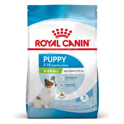 Crocchette Puppy X-Small Royal Canin per cani di piccola taglia, confezione AGRIAPPIA, immagine di sacco di cibo per cani.