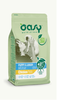 Cibo per cani Oasy Puppy & Junior Medium al pollo di AGRIAPPIA, confezione con crocchette per cuccioli di taglia media.