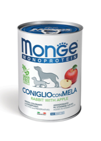 Paté Monge Monoprotein con frutta AgriaPPIA, 400 g, in una ciotola con pezzi di frutta visibili.