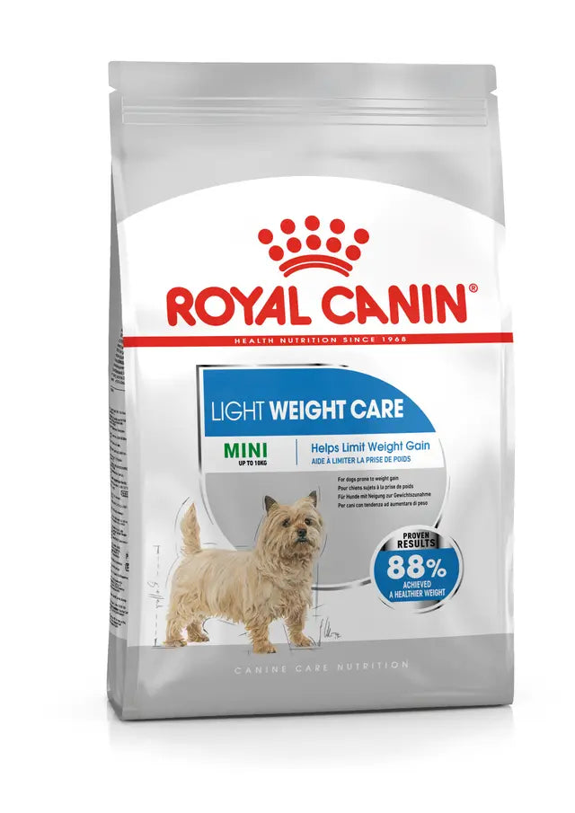 Mini Light Weight Care Royal Canin, alimento per animali, confezione compatta e leggera, con imballaggio e logo AGRIAPPIA visibili.