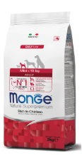 Crocchette Monge Natural Superpremium Mini Adult Ricco in Pollo per cani di taglia piccola, confezione con crocchette di pollo.