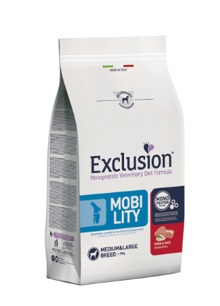 Cibo per cani EXCLUSION MONOPROTEIN VET DIET MOBILITY PORK AND RICE di AgriAppia per razze medie e grandi, confezione con crocchette