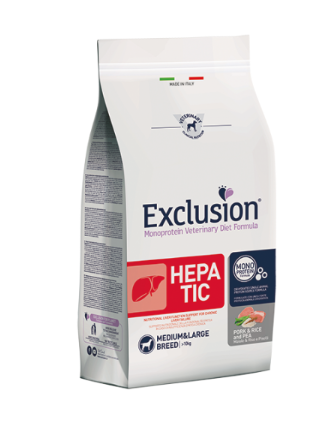 EXCLUSION MONOPROTEIN VET DIET  HEPATIC PORK & RICE AND PEA MEDIUM&LARGE BREED