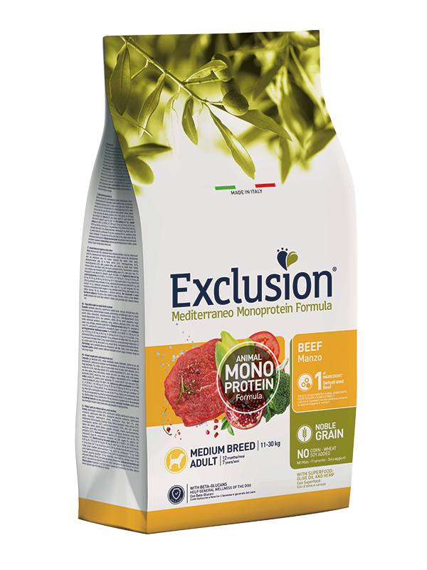 Cibo per cani AGRIAPPIA EXCLUSION MEDITERRANEO NOBLE GRAIN per adulti, pollo e cereali di media taglia, scatola con crocchette.
