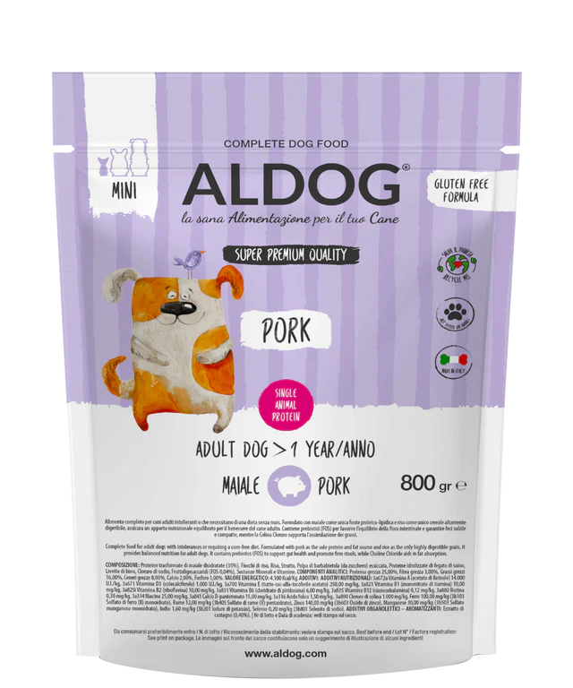 Crocchette mini ALDOG PORK di AGRIAPPIA in sacco da 800g, vista frontale con confezione.