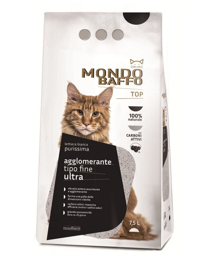 Lettiera agglomerante Mondo Baffo con carboni attivi, 7,5 litri, di AGRIAPPIA, visibile in contenitore con granuli fini.
