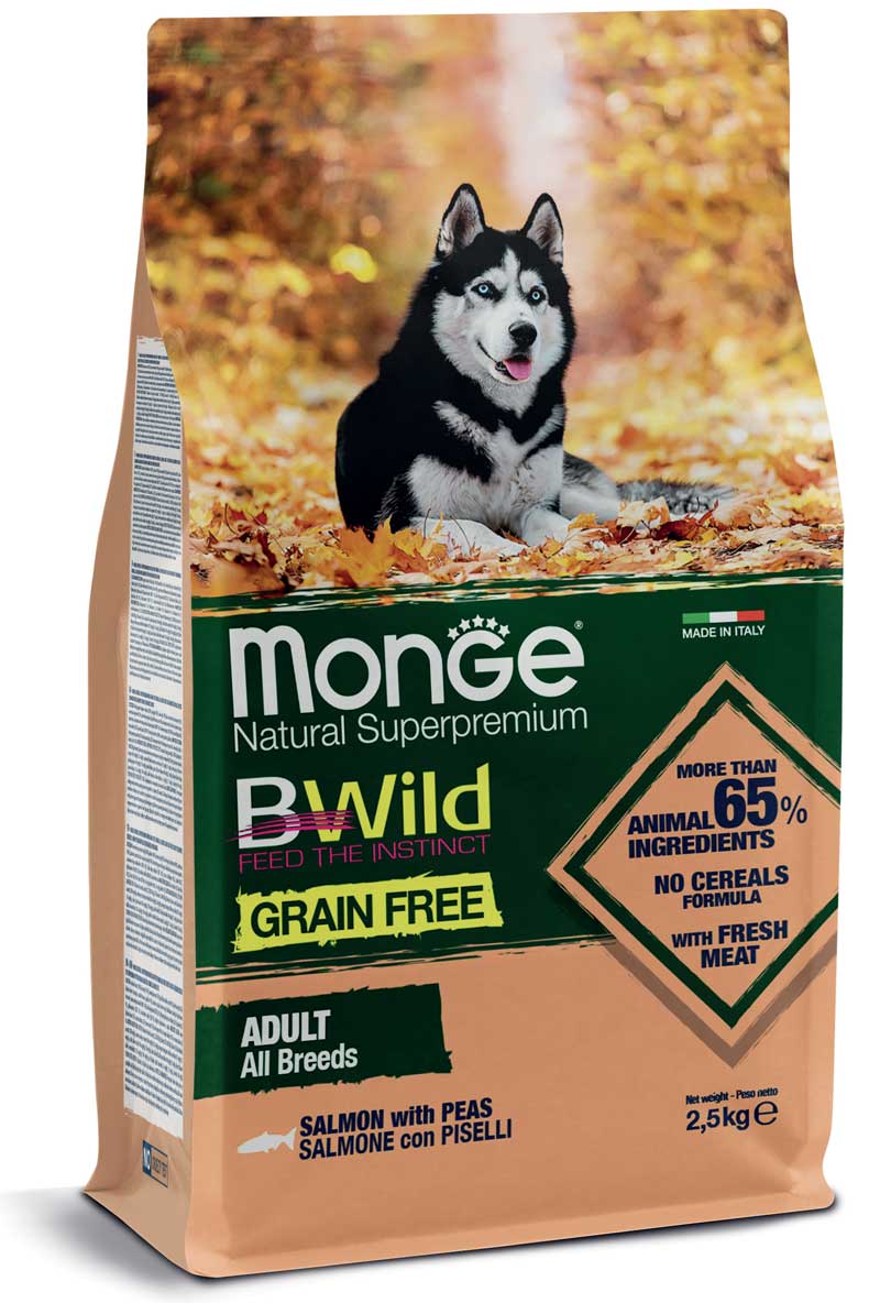 Crocchette Monge Natural SuperPremium senza cereali per cani adulti di tutte le razze, salmone con piselli, confezione AGRIAPPIA