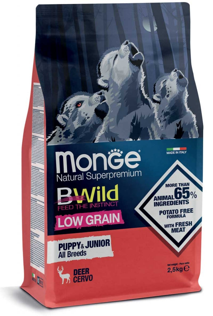 Crocchette Monge Bwild Low Grain per cuccioli e junior di tutte le razze, con carne di cervo, in confezione da 692x1024 pixel