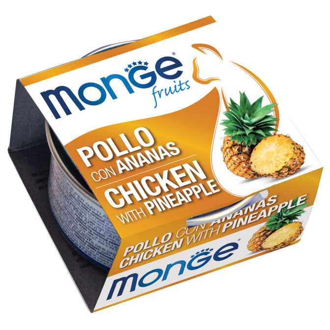 Cibo umido Monge Fruits per gatti con pollo e ananas in lattina da 80 g, alimento naturale e ricco di frutta e pollo