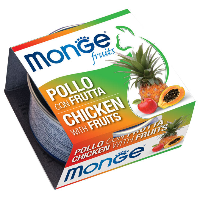 Cibo umido Monge Fruits per gatti con pollo e frutta, scatola da 80 g, prodotto della marca AGRIAPPIA