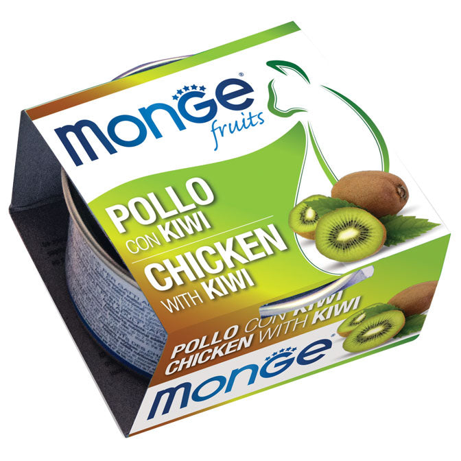 Cibo umido per gatti Monge Fruits AGRIAPPIA con pollo e kiwi in lattina da 80 g, mostrato in una ciotola.