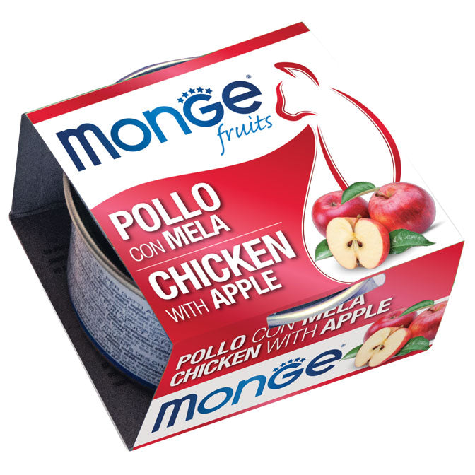Cibo umido Monge Fruits per gatti, 80 g, con pollo e mela, prodotto della marca AGRIAPPIA, visibile nella confezione.