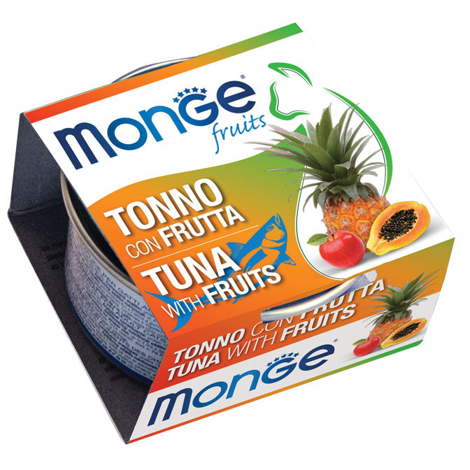 Cibo umido Monge Fruits per gatti con tonno e frutta, confezione da 80 g, prodotto di AGRIAPPIA.