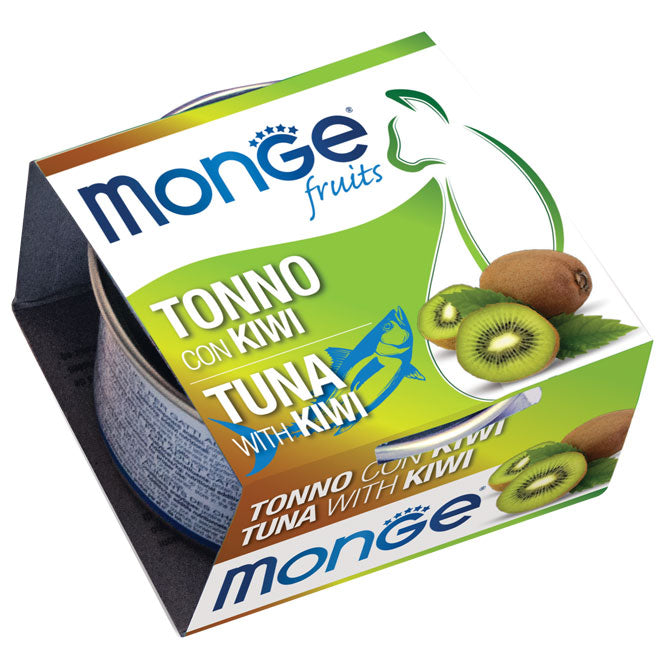 Cibo umido Monge Fruits per gatti con tonno e kiwi, 80 g, in confezione.
