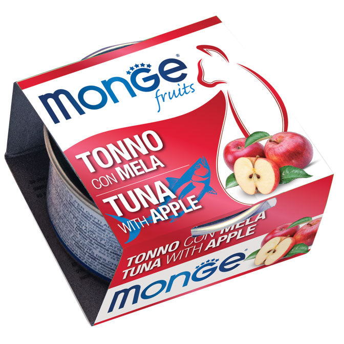 Cibo umido Monge Fruits per gatti di AGRIAPPIA, tonno con mela, vasetto da 80 gr con frutta e pesce.