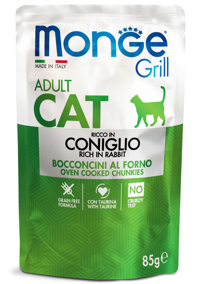 Scatola di Monge Grill Bocconcini in Jelly per gatti adulti con coniglio, prodotto umido AGRIAPPIA, visibile con bocconcini in gelatina