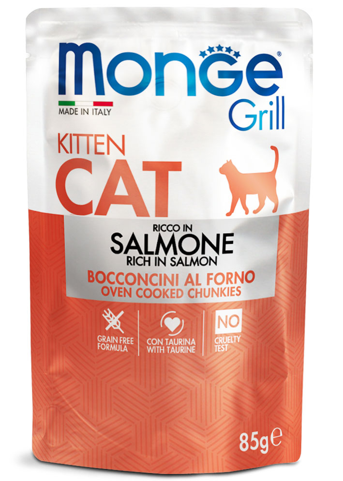 Cibo umido Monge Grill Bocconcini in Jelly per gatti con salmone, 85 g, prodotto AGRIAPPIA, in scatola con bocconcini in gelatina