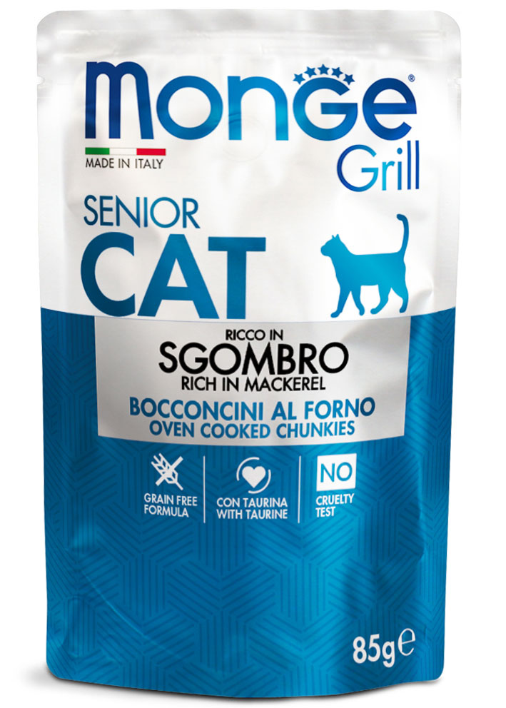 Crocchette Monge Grill Bocconcini in gelatina per gatti senior con sgombro, confezione da 85g, prodotto AGRIAPPIA.