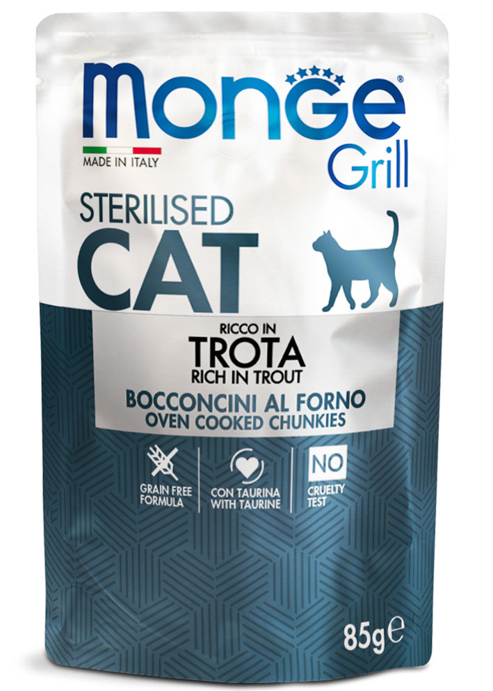 Piattino di bocconcini Monge Grill per gatti, umido in gelatina, 85 g, con carne e ingredienti naturali AGRIAPPIA