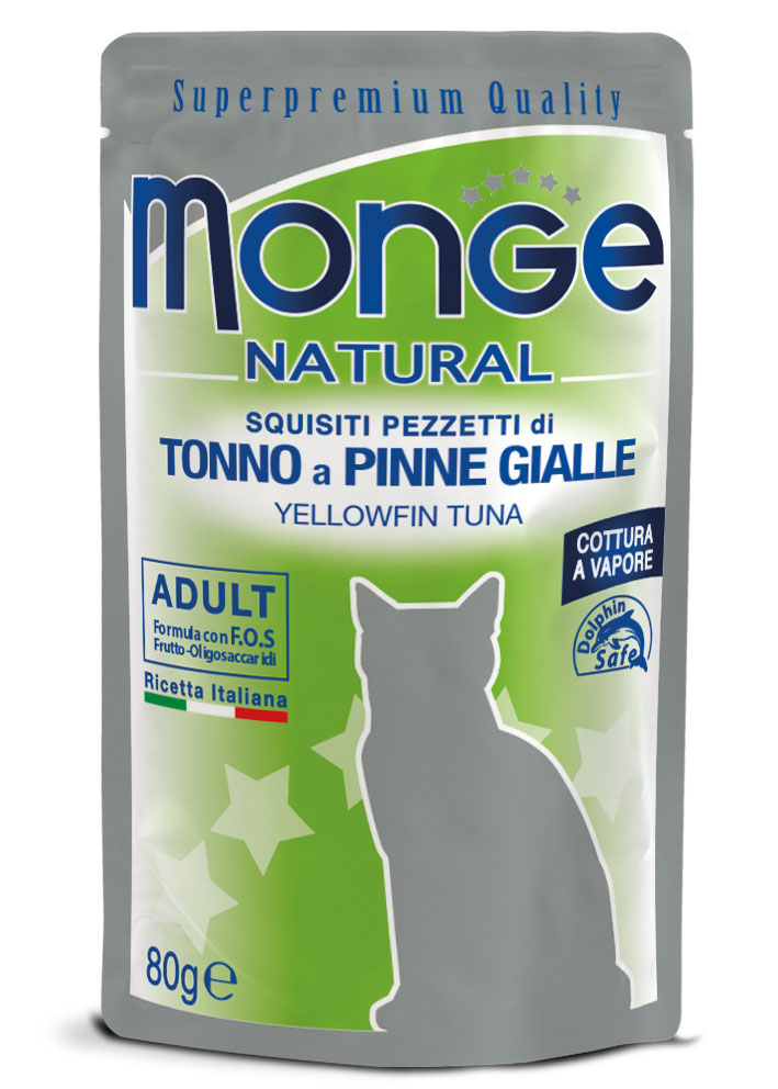 Scatola di Monge Natural Pezzetti per gatti, umido, in buste tonde con pinne gialle, prodotto per l'alimentazione felina AGRIAPPIA