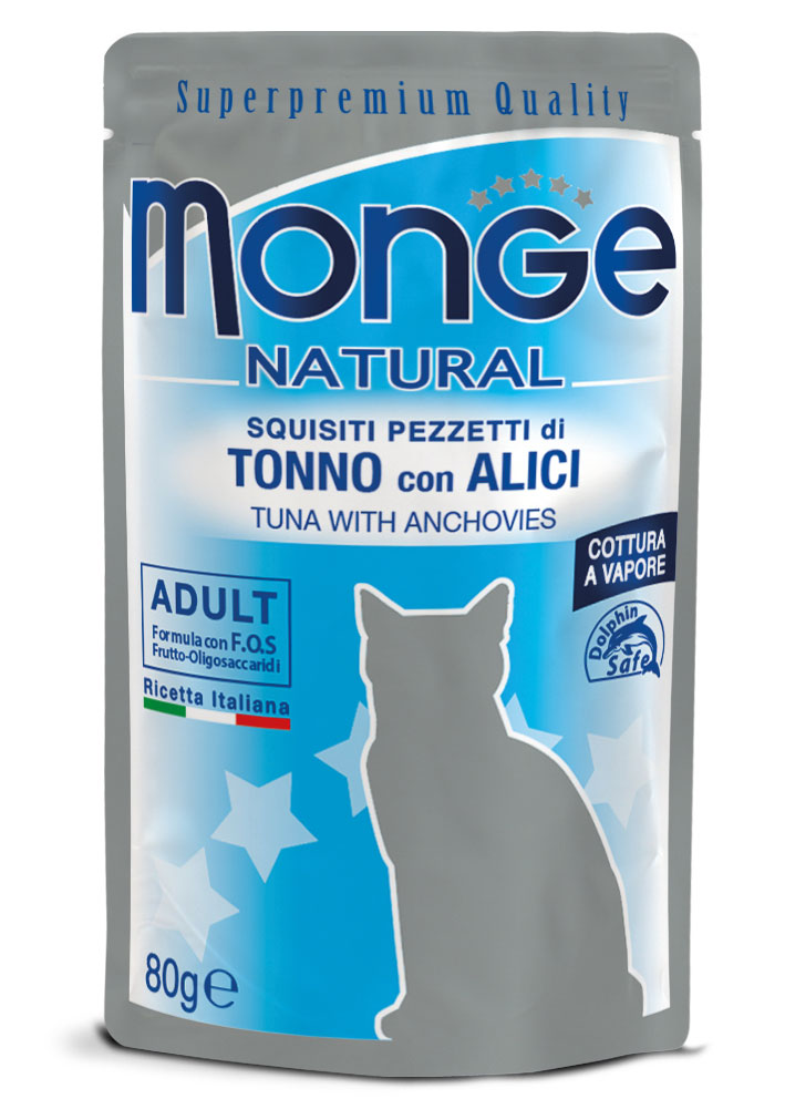 Scatoletta Monge Natural Pezzetti per gatti con tonno e alici, alimento umido in busta da 80g, brand AGRIAPPIA.