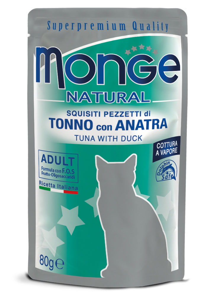 Scatola di Monge Natural Pezzetti per gatti con anatra, umido, 80g, confezione con porzioni tonde e aperte, prodotto per animali.