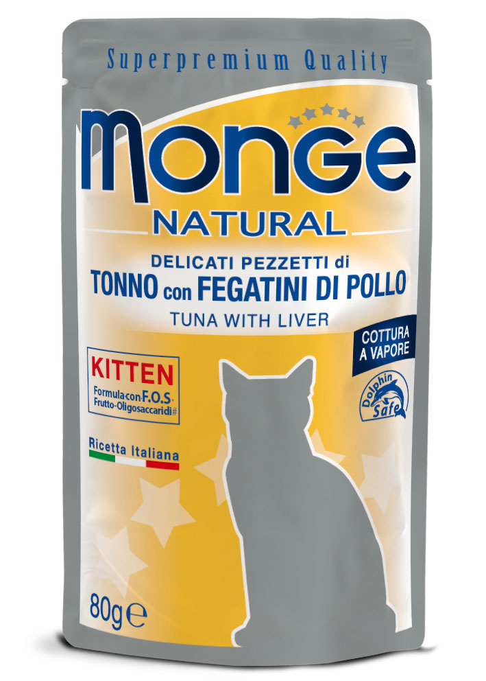 Scatoletta Monge Natural Pezzetti per gatti con fegatini di pollo, umido in busta tonno, prodotto AGRIAPPIA per gattini