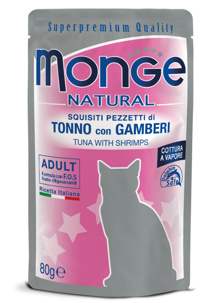 Buste di cibo umido Monge Natural Pezzetti per gatto con gamberetti, 80g, in confezione tonno, marchio AGRIAPPIA