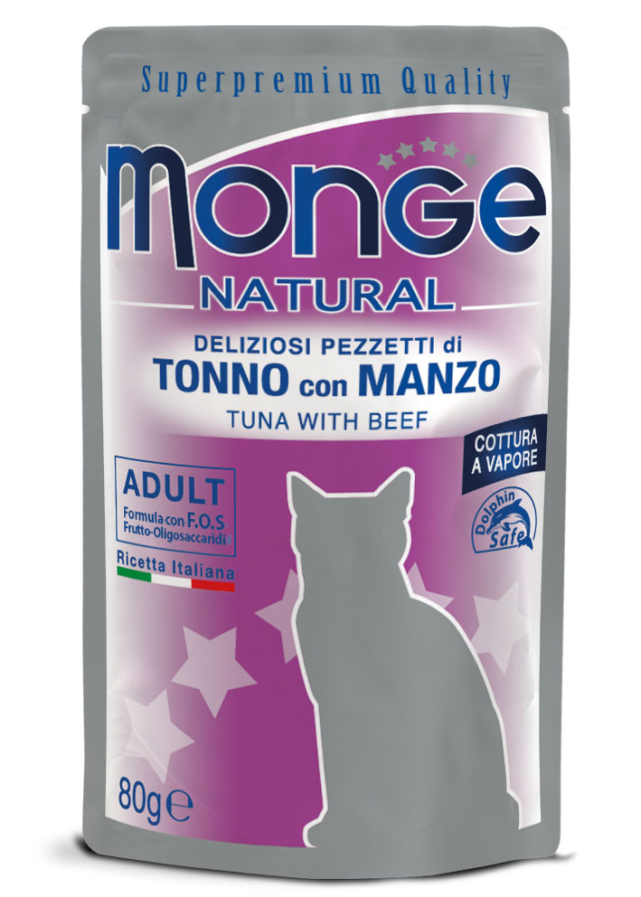 Scatola di cibo umido Monge Natural Pezzetti per gatti con manzo, busta tonno, prodotto AGRIAPPIA, alimentazione naturale e gustosa