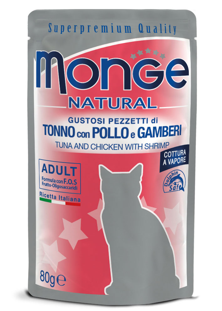 Crocchette per gatti Monge Natural Pezzetti AGRIAPPIA con pollo e gamberetti in confezione da 80g