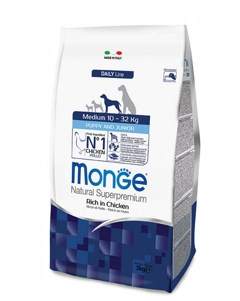 Crocchette Monge Natural Superpremium Medium Puppy & Junior Ricco in Pollo per cuccioli di taglia media, confezione con crocchette essiccate