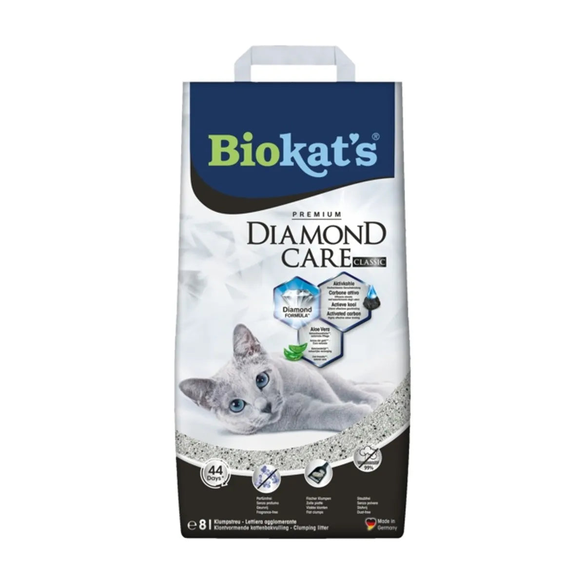 Lettiera agglomerante Biokat’s Diamond Care Classic di AGRIAPPIA, granuli neri e compatta per gatti, in contenitore aperto