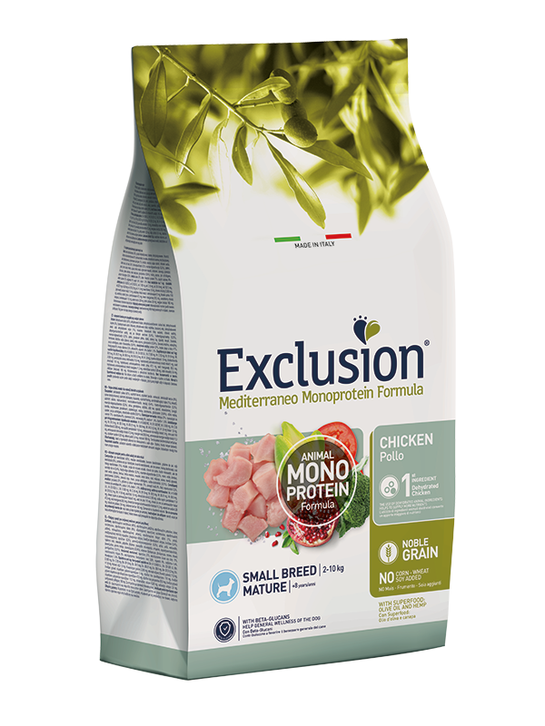 Cibo per cani AGRIAPPIA EXCLUSION MEDITERRANEO NOBLE GRAIN con pollo maturo per piccola razza, confezione con sacco di alimenti.