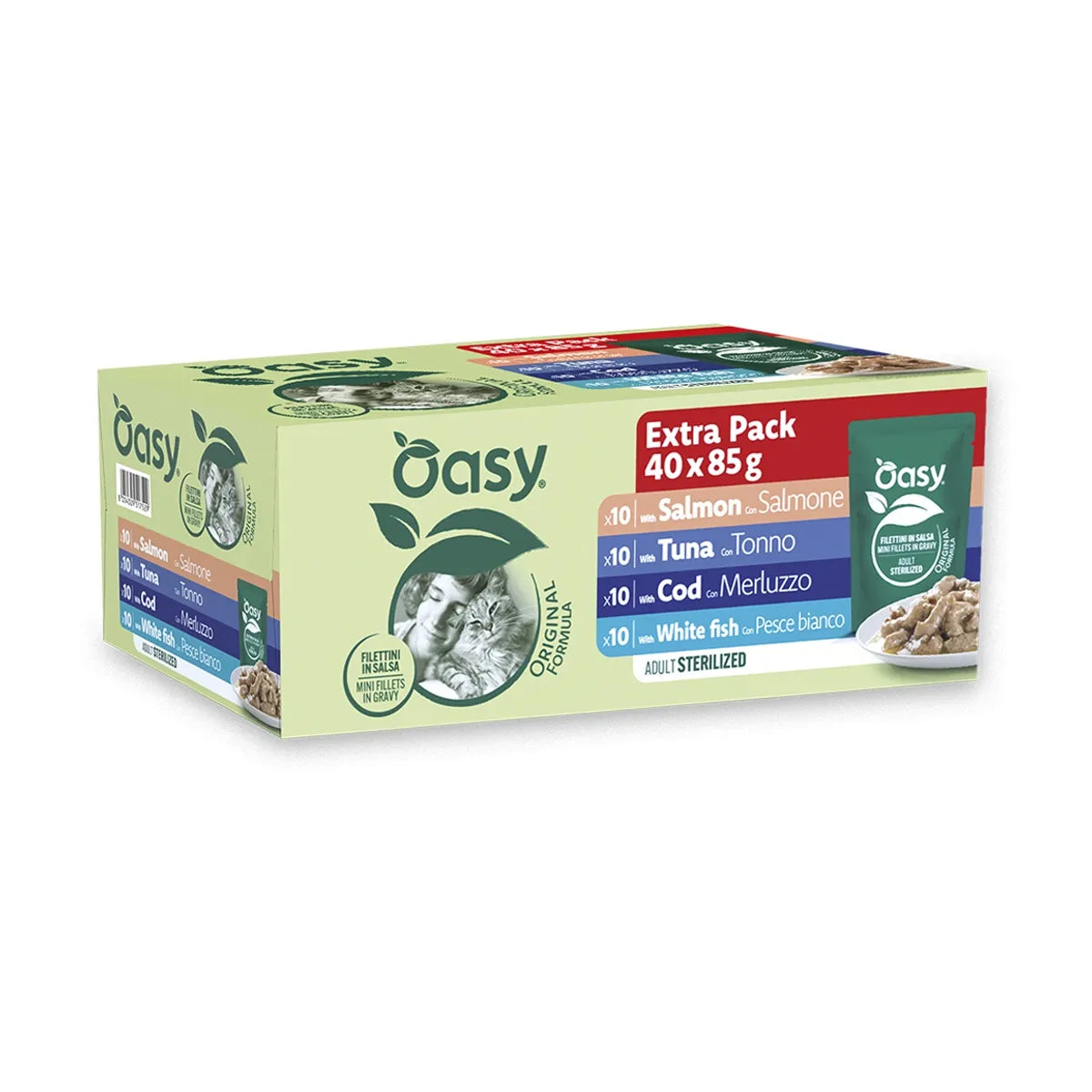 Oasy Original Formula Cat Sterilised – Multipack 40x85g | Mix Carne o Mix Pesce