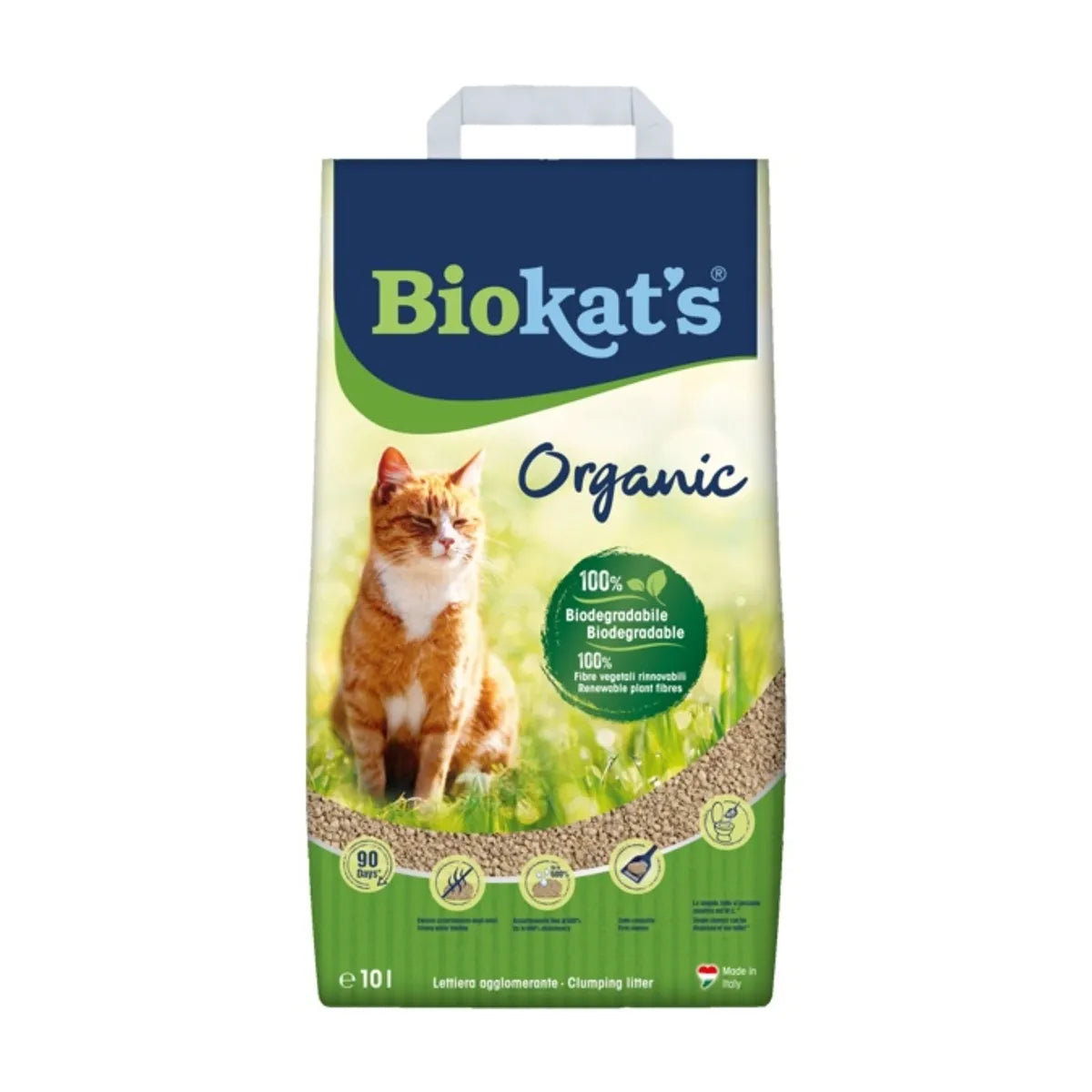 Lettiera agglomerante organica Biokat's AGRIAPPIA, polvere naturale per gatti, in confezione bianca e verde.