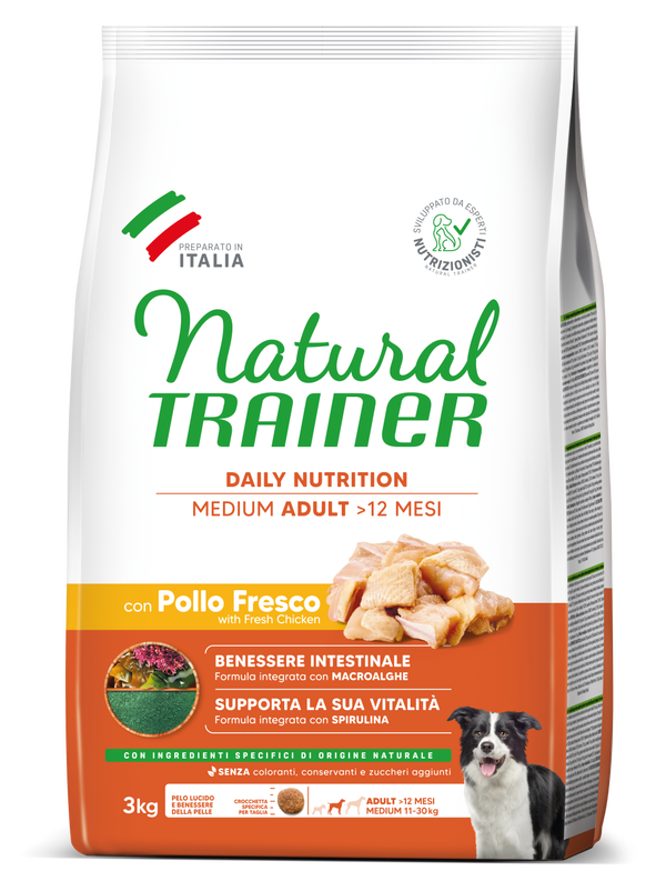 Crocchette AgriaPpia NATURAL TRAINER DAILY NUTRITION per adulti con pollo fresco, confezione con ciotola di cibo per cani.