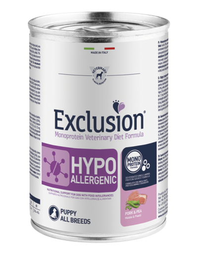 Crocchette per cani Exclusion Monoprotein Vet Diet AgriaPpia, ipoll allergenico, 400g, confezione aperta su sfondo neutro.