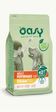 Crocchette per cani Oasy Adult Performance Pollo di AGRIAPPIA, sacco da 3kg, alimento nutriente e bilanciato per cani adulti.