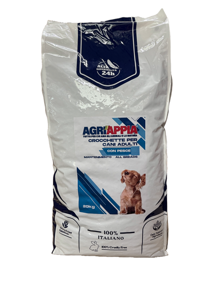 Crocchette AGRIAPPIA Mantenimento con pesce per cani, 20kg, alimentazione equilibrata e naturale per il mantenimento quotidiano.