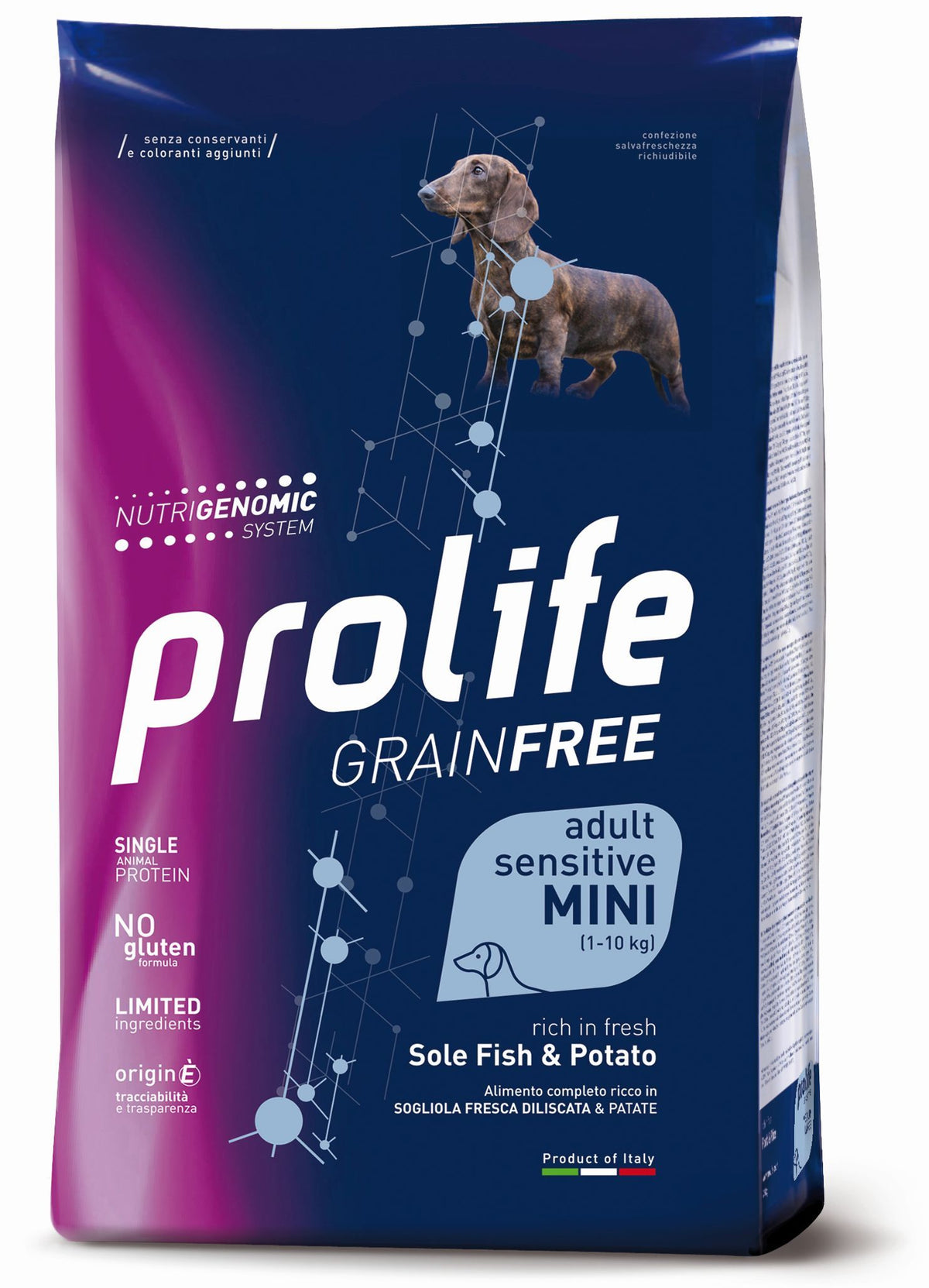 Cane senza cereali Prolife AGRIAPPIA con ingredienti naturali, visibile nella confezione, ideale per cani sensibili.