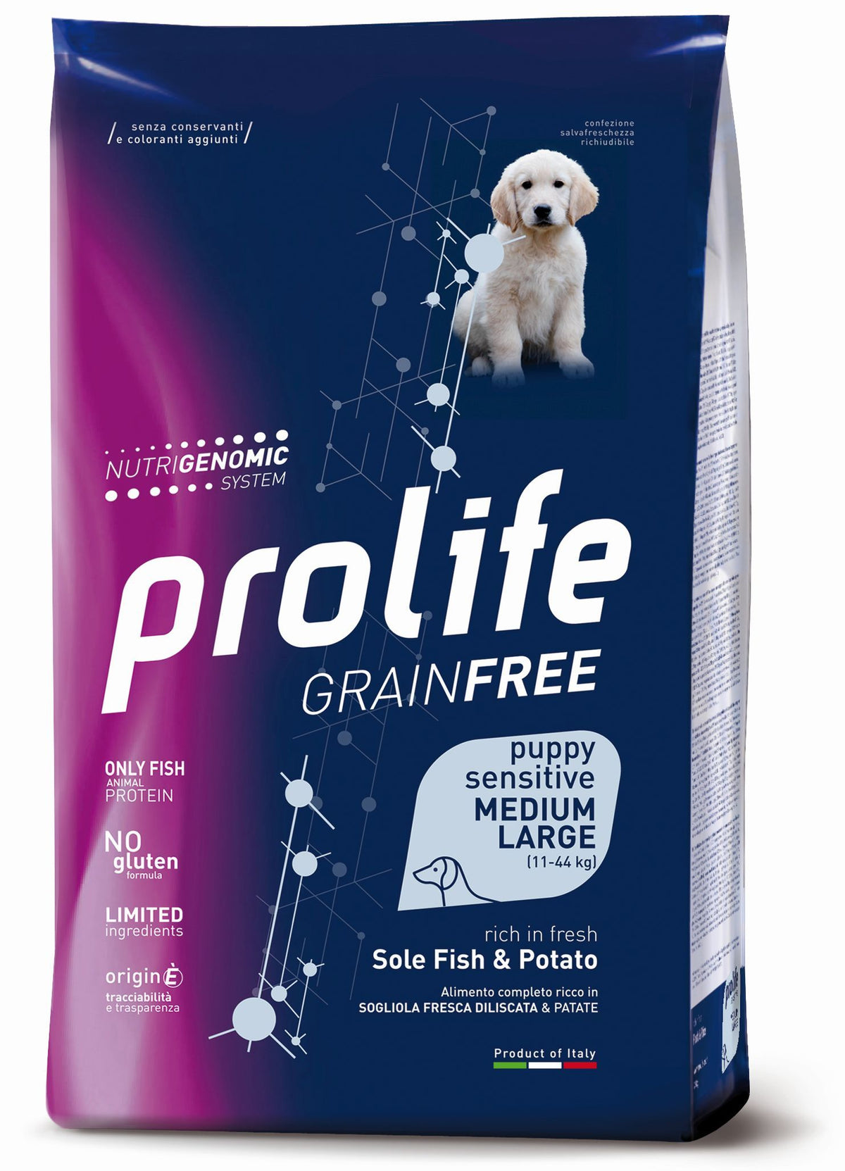 Crocchette Prolife Grain Free Cane di AGRIAPPIA, senza cereali, con crocchette per cani in primo piano su sfondo neutro