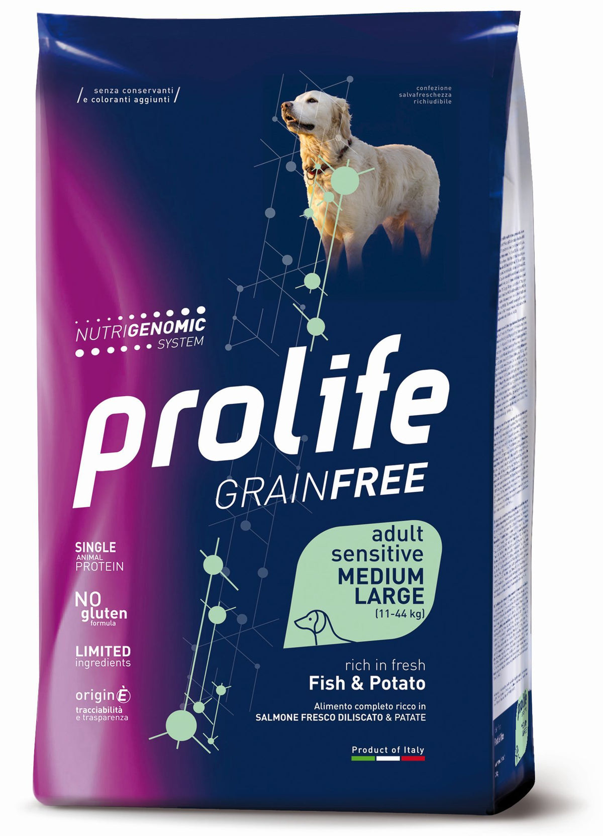 Crocchette senza cereali Prolife Cane AgriaPpia per cani, confezione visibile, in sacchetto di plastica.