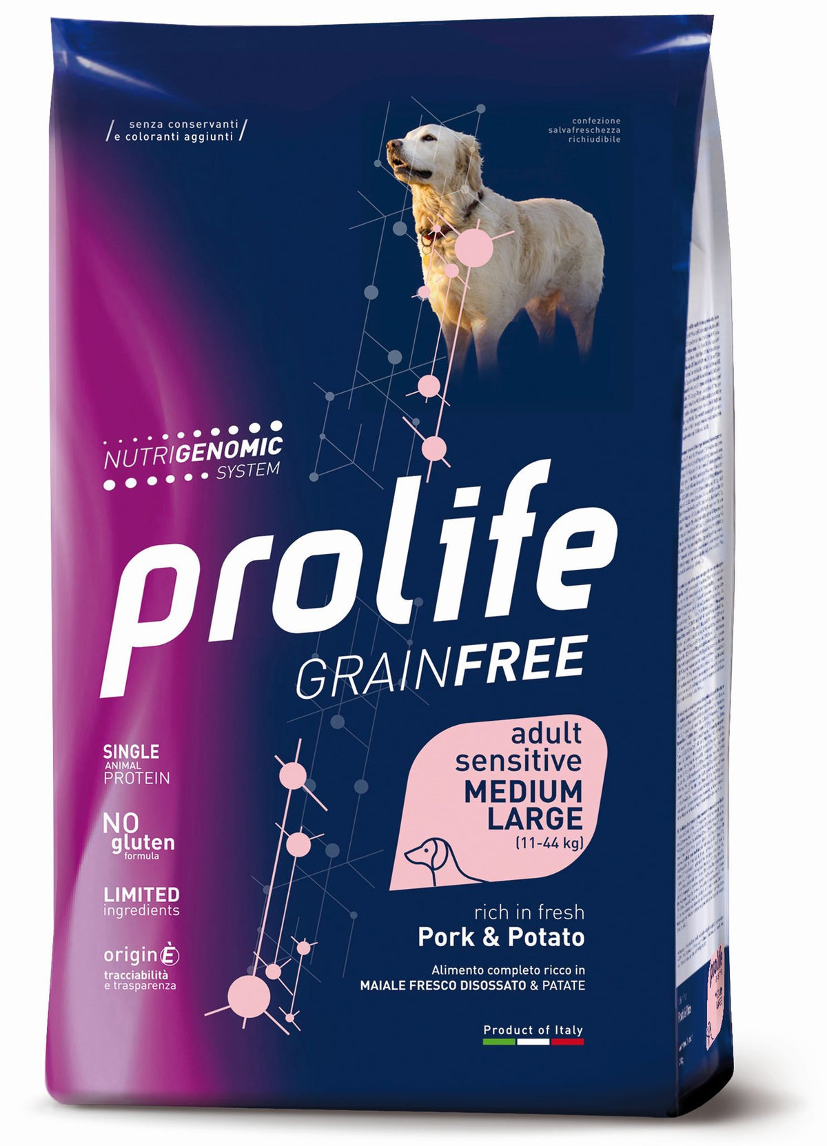 Crocchette per cani senza cereali Prolife Grain Free AGRIAPPIA, confezione con crocchette per animali domestici, vista dall'alto