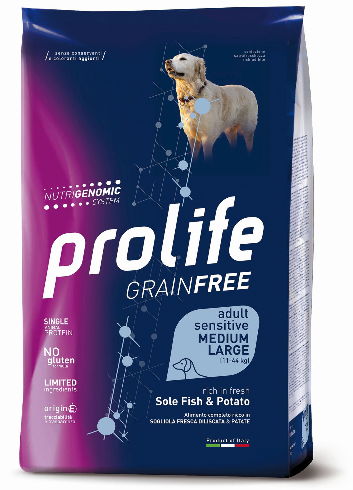 Crocchette senza cereali Prolife Cane AGRIAPPIA per cani, immagine di un sacco di cibo per animali domestici.