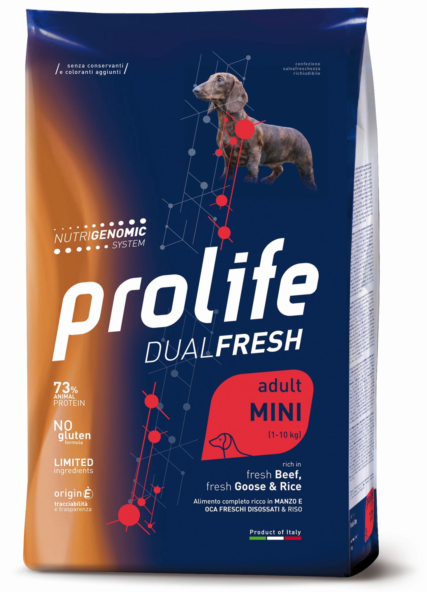 Immagine di un sacco di cibo per cani Prolife DUAL FRESH di AGRIAPPIA, con imballaggio colorato e dettagli del prodotto.