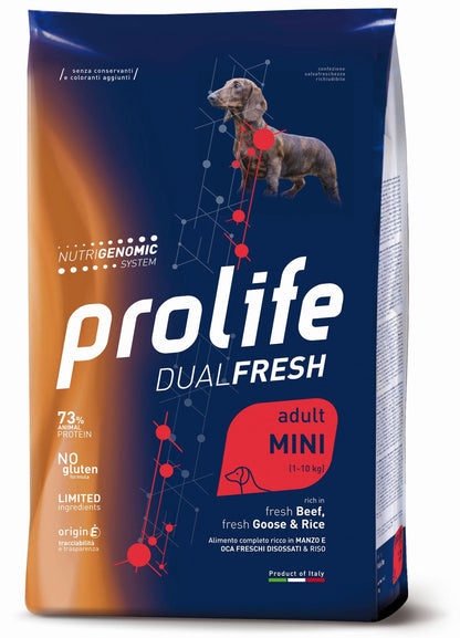 Immagine di un sacco di cibo per cani Prolife DUAL FRESH di AGRIAPPIA, con imballaggio colorato e dettagli del prodotto.