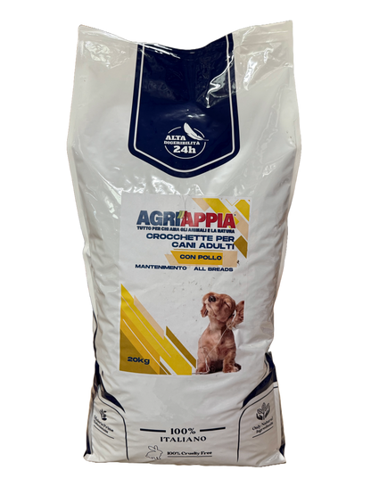 Crocchette Agriappia Mantenimento con pollo per cani, sacco da 20kg, imballaggio con crocchette di pollo visibili.