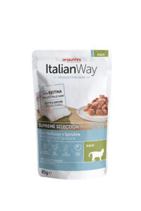 Confezione di cibo per cani ItalianWay con merluzzo e spirulina, formato da 85g, marca AGRIAPPIA.