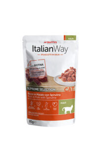 Sacco di cibo per cani Italianway Ricco in maiale con spirulina, 85g, marca AGRIAPPIA, alimento completo per adulti.
