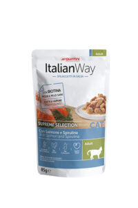 Sacco di cibo per cani AGRIAPPIA Italianway Salmone e Spirulina per adulti, confezione da 85g.